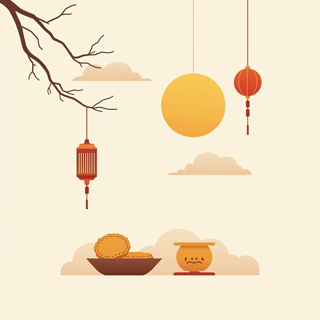 Hình ảnh trung thu đẹp hiện đại với các yếu tố đồ họa tối giản: trăng, đèn lồng, bánh trung thu